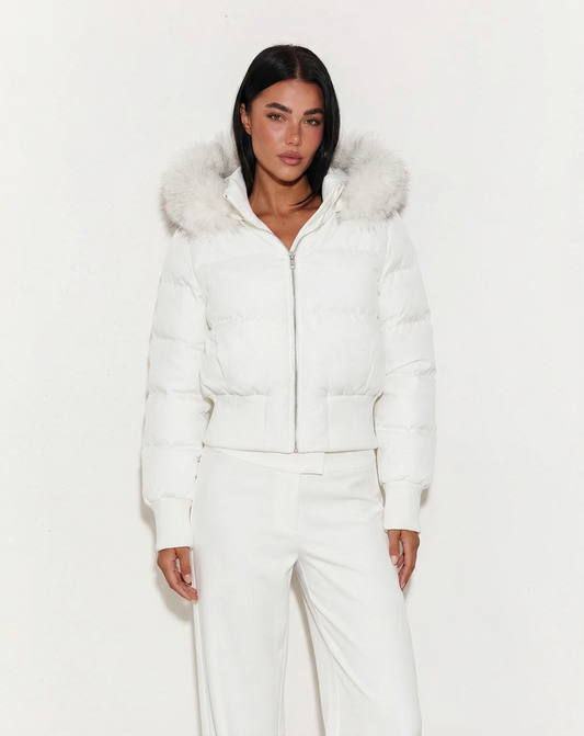 Zoe | Winter Cropped Puffer Jacket White Hooded Faux Fur Trim Padded