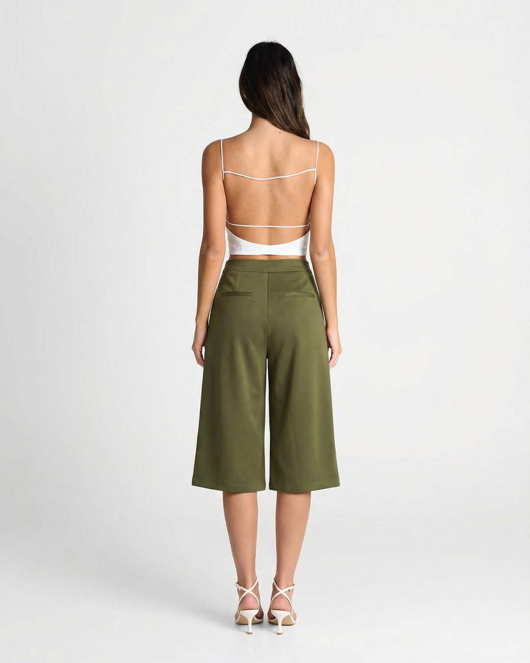 Thea | Wide Leg Culottes Olive High Waisted Tailored