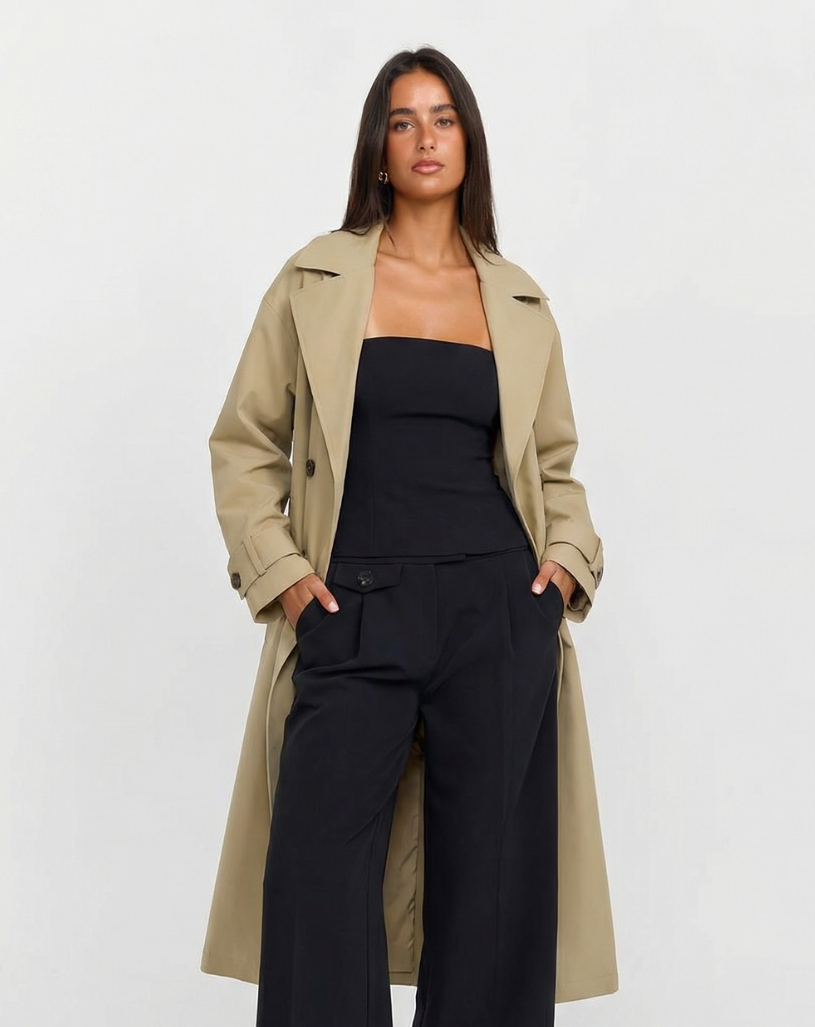 Maren | Smart Casual Longline Trench Coat Beige Double Breasted
