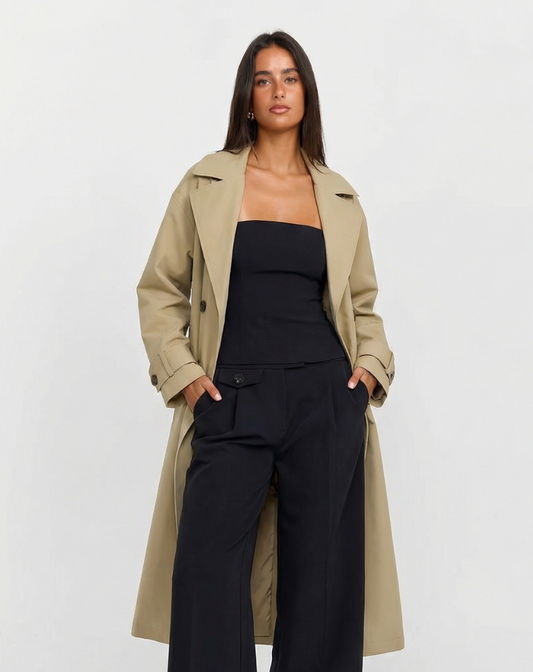 Maren | Smart Casual Longline Trench Coat Beige Double Breasted