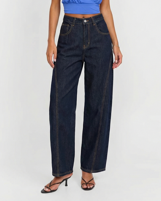 Margot | Wide Leg Jeans Dark Blue High Waisted Contrast Stitch