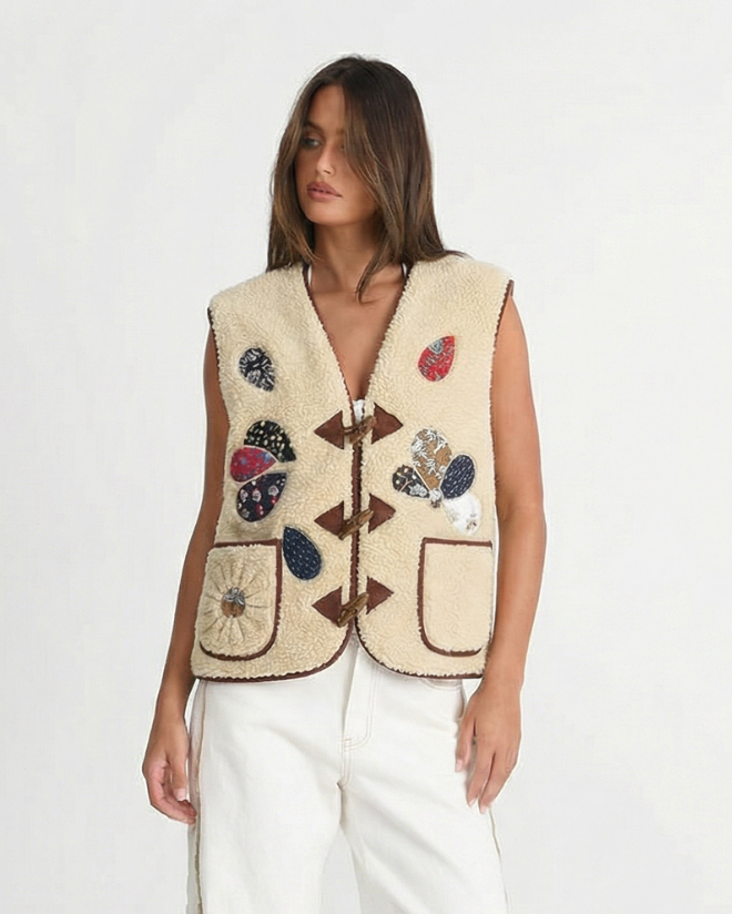 Margot | Sleeveless Cardigan Cream Embroidered Patchwork Toggle Front