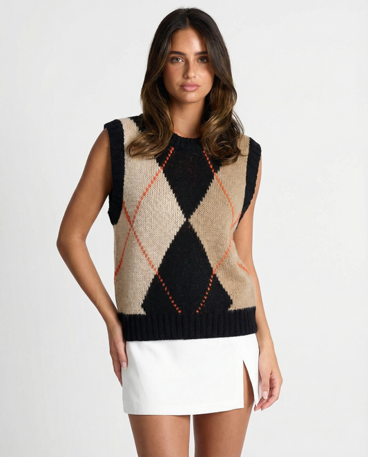 Margot | Argyle Sweater Vest Cream Black Red Trim Crew Neck