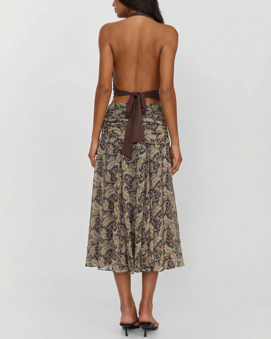 Celine | Wrap Midi Skirt Beige Paisley Print Pleated Chiffon