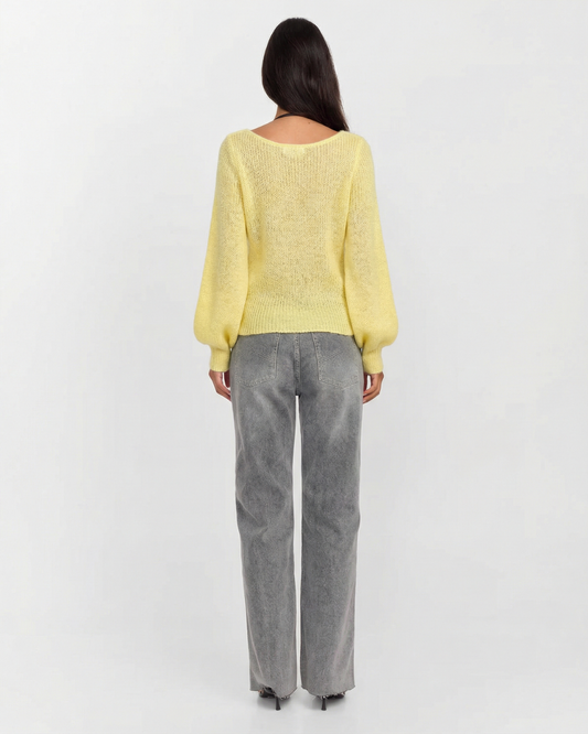 Thea | Coquette Button Front Knit Sweater Yellow Floral Applique V Neck