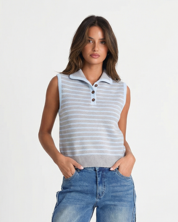 Vera | Striped Knit Sweater Vest Light Blue Collared Button Front