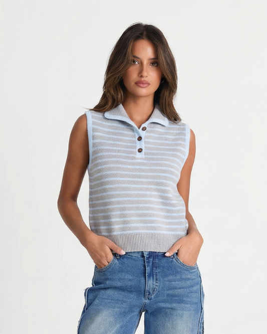 Vera | Striped Knit Sweater Vest Light Blue Collared Button Front