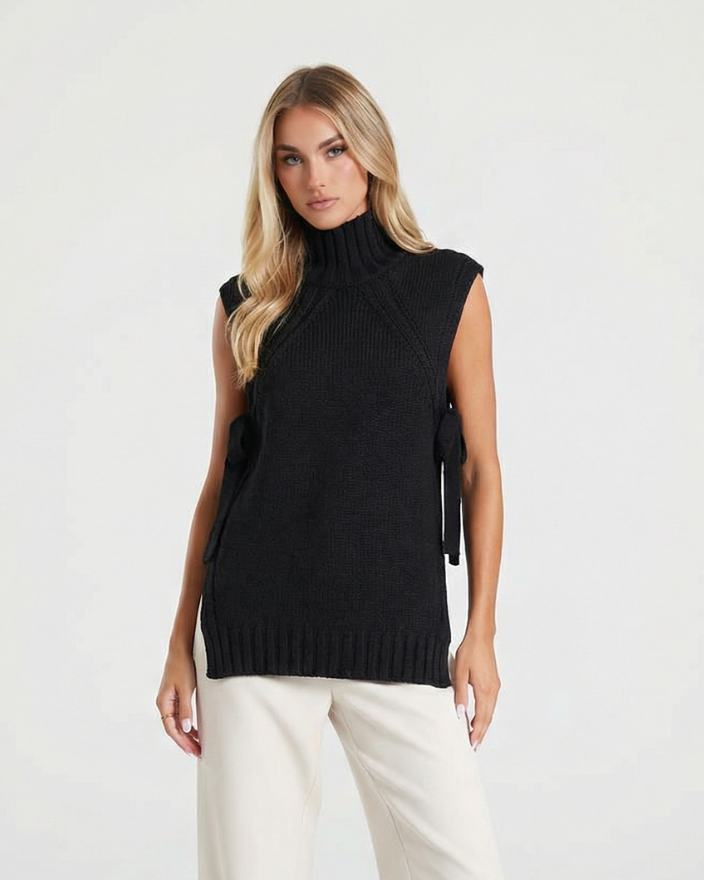 Vera | Sleeveless Ribbed Sweater Black Turtleneck Tie Side