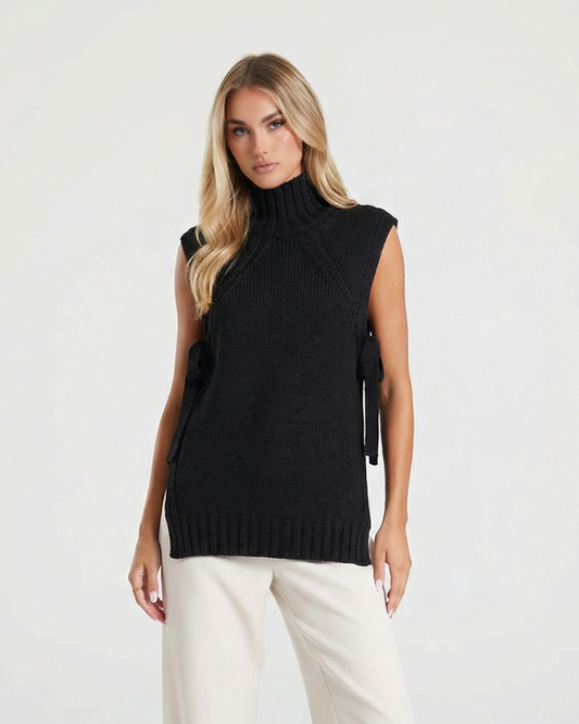 Vera | Sleeveless Ribbed Sweater Black Turtleneck Tie Side