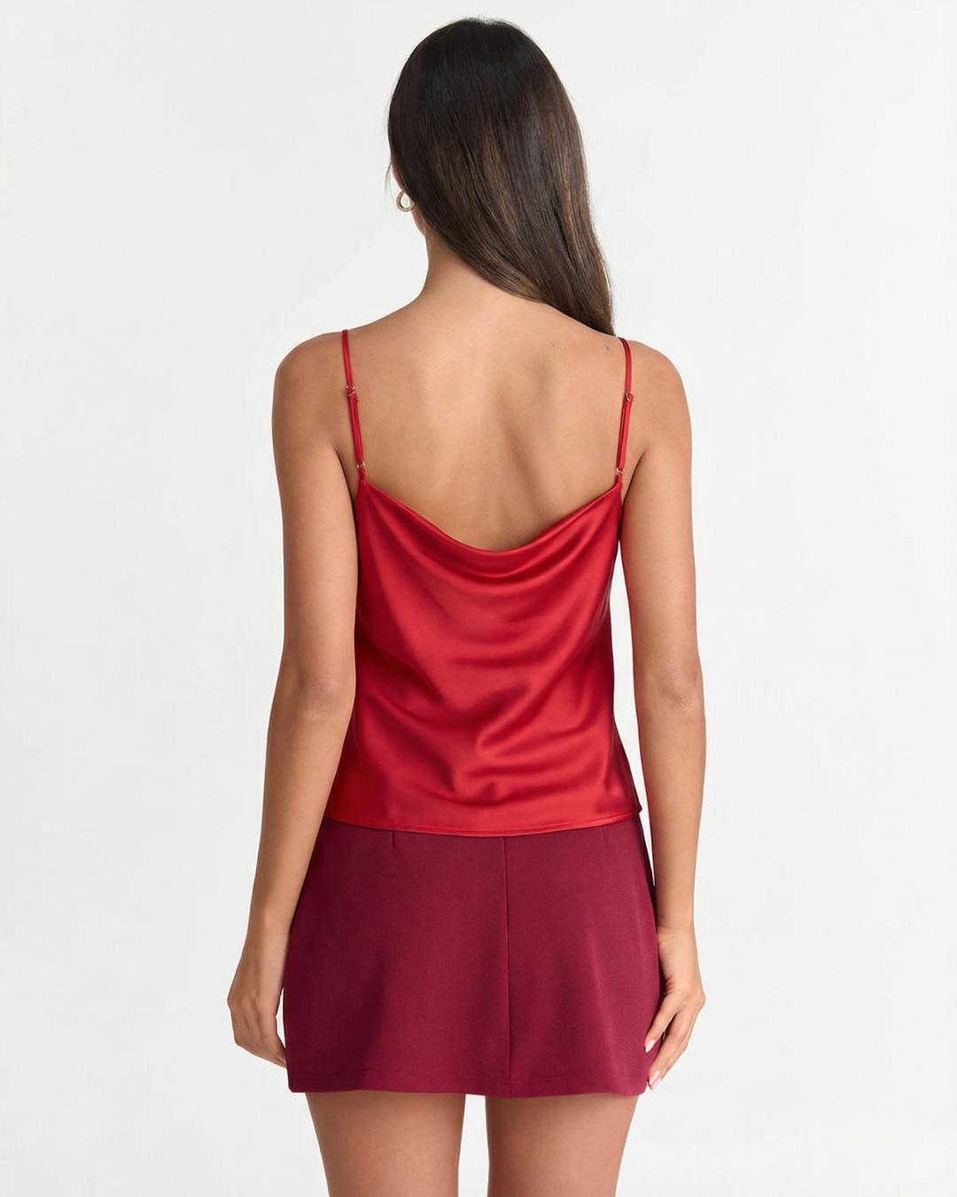 Maren | Elegant Cowl Neck Cami Top Red Satin Sleeveless Strappy
