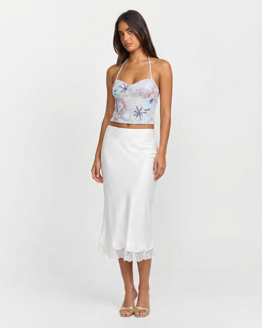 Orla | Elegant Satin Midi Skirt White Lace Trim Slip Pencil