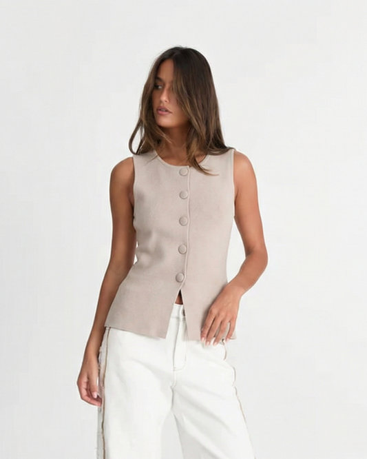 Vera | Fitted Button Front Vest Top Cream Sleeveless Tailored
