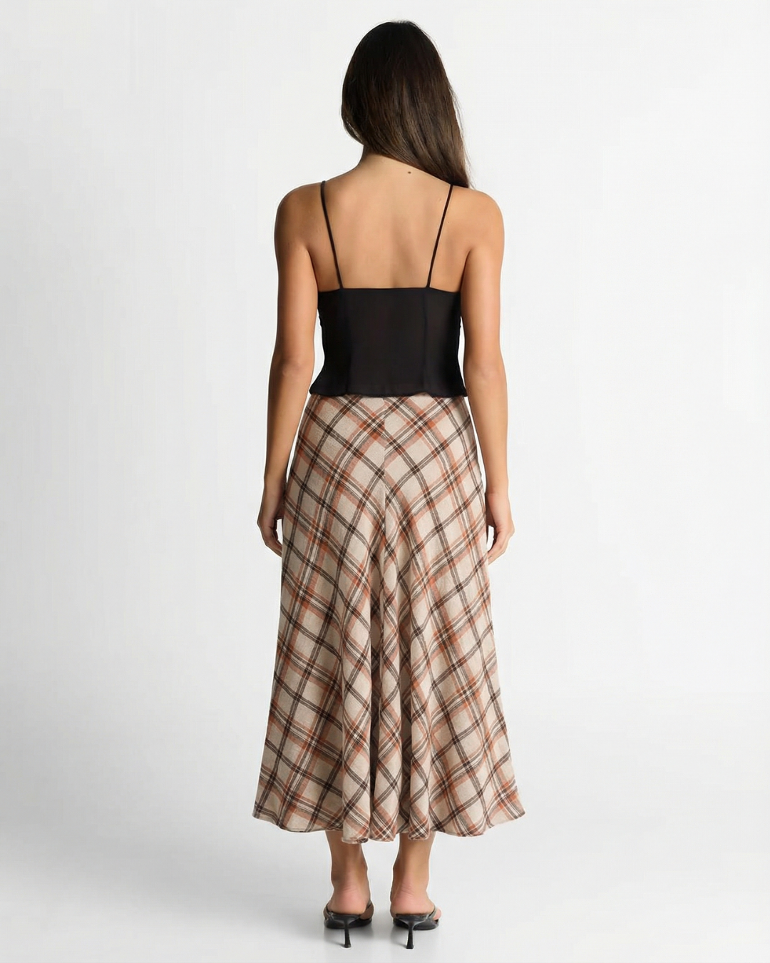 Viola | Autumn Maxi Skirt Beige Check A Line Flared