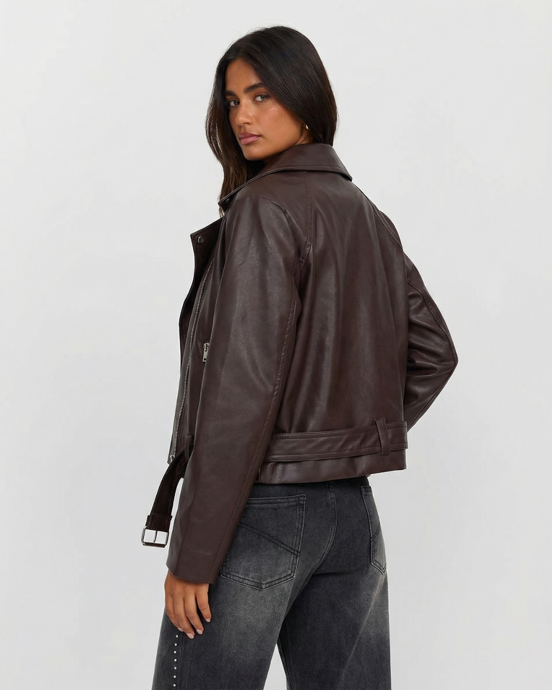 Vera | Cropped Faux Leather Jacket Brown Double Breasted Belted