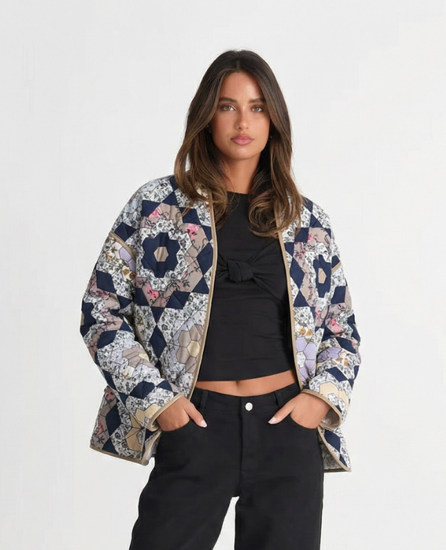 Ayla | Quilted Jacket Patchwork Navy Floral Long Lightweight
