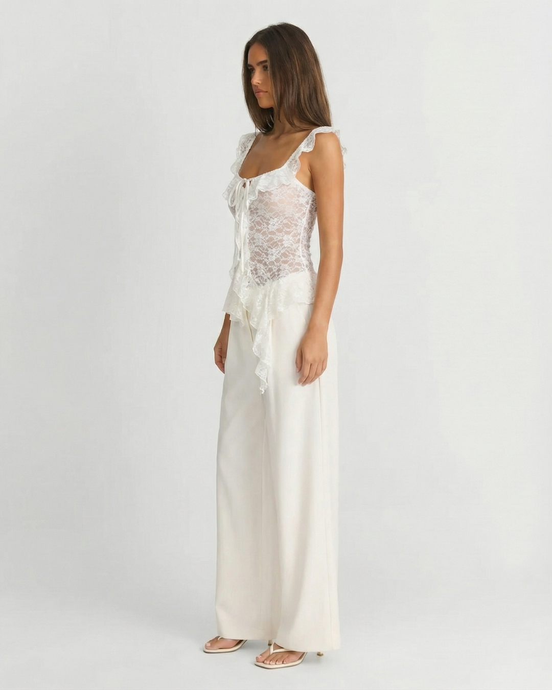 Etta | Square Neck Lace Top White Ruffle Tie Front Sheer