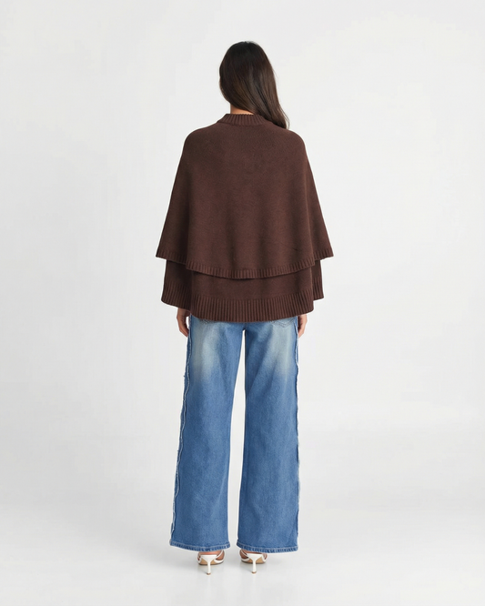 Margot | Ribbed Button Front Cardigan Brown Cape Sleeve