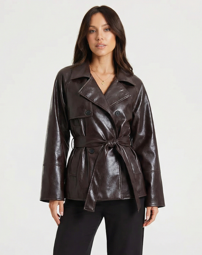 Margot | Belted Faux Leather Jacket Black Long Sleeve