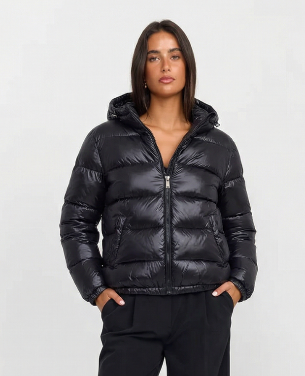 Noa | Puffer Jacket Black Hooded Quilted Cropped Zip Up
