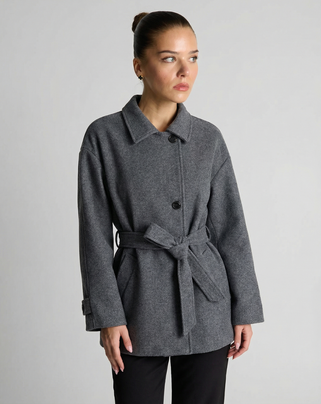 Elise | Winter Belted Jacket Grey Wool Blend Oversized Collar