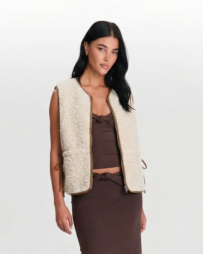 Faye | Sleeveless Sherpa Cardigan Cream Zip Up