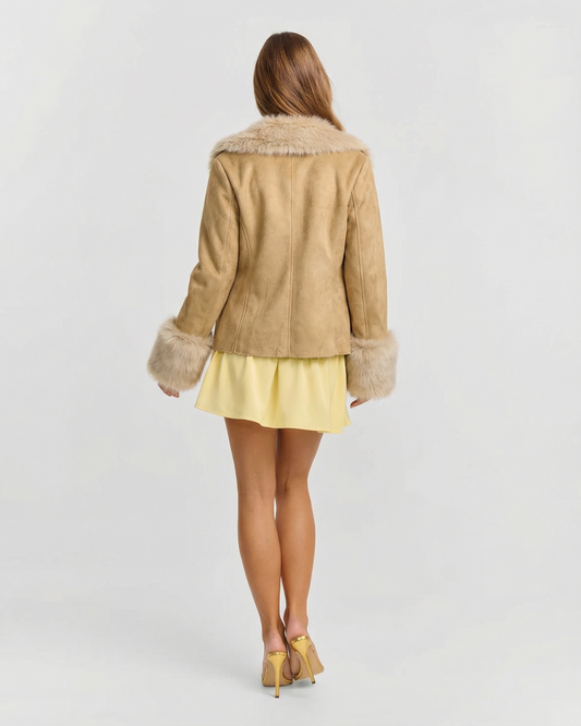 Vera | Oversized Suede Blazer Camel Faux Fur Collar