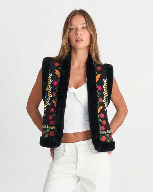 Margot | Embroidered Faux Fur Cardigan Black Floral Sleeveless