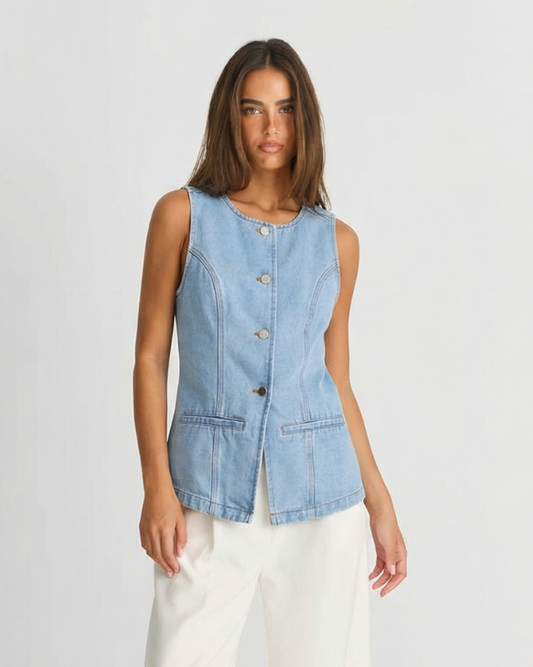 Margot | Denim Vest Light Blue Sleeveless Button Front