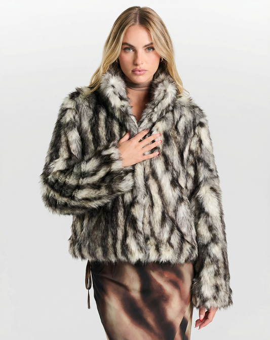 Vera | Faux Fur Coat Grey Black Leopard Print Cropped