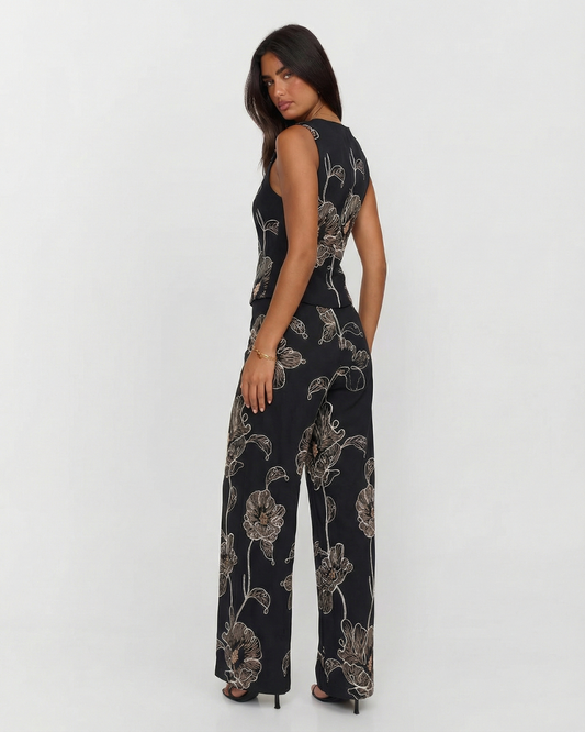 Freya | Elegant Floral Co Ord Set Black Wide Leg