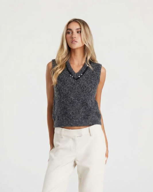Vera | Cropped Sweater Vest Gray V Neck Rhinestone