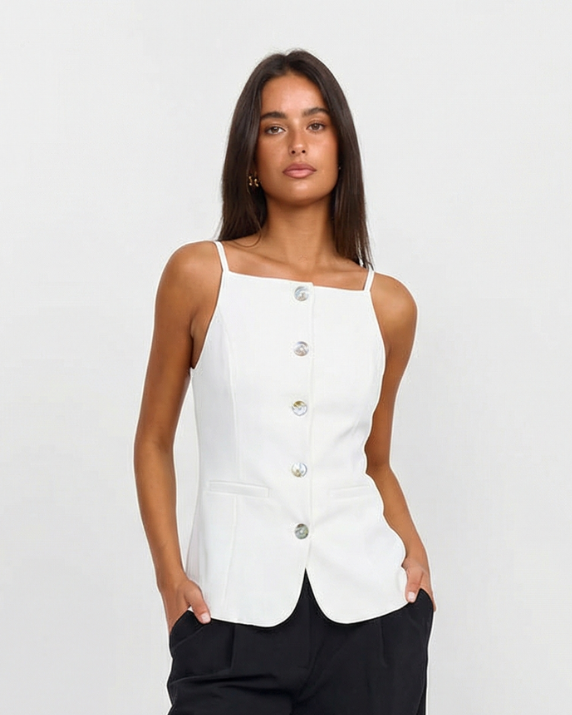 Margot | Sleeveless Button Front Cardigan White Fitted Square Neck