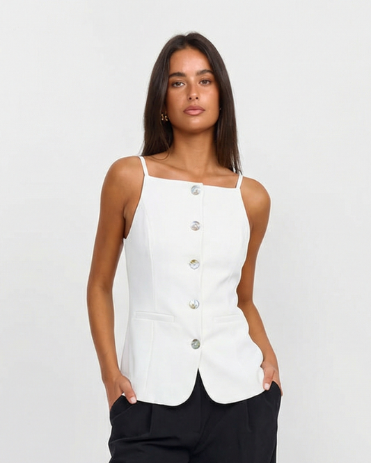 Tallulah | Square Neck Top White Sleeveless Button Front Fitted