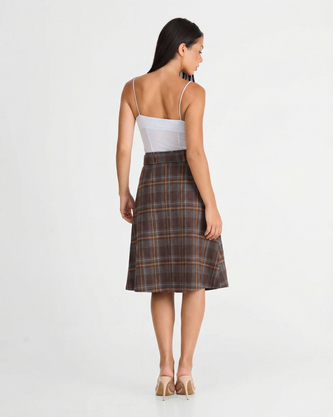Hazel | Autumn Check Midi Skirt Brown Pleated Belted High Waisted