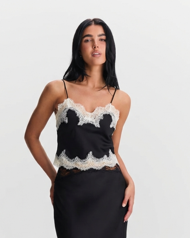 Oona | Elegant Lace Cami Top Satin Black Sleeveless