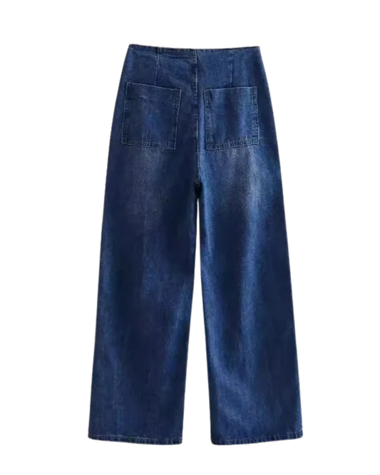 Iris | High Waisted Wide Leg Jeans Blue Button Front