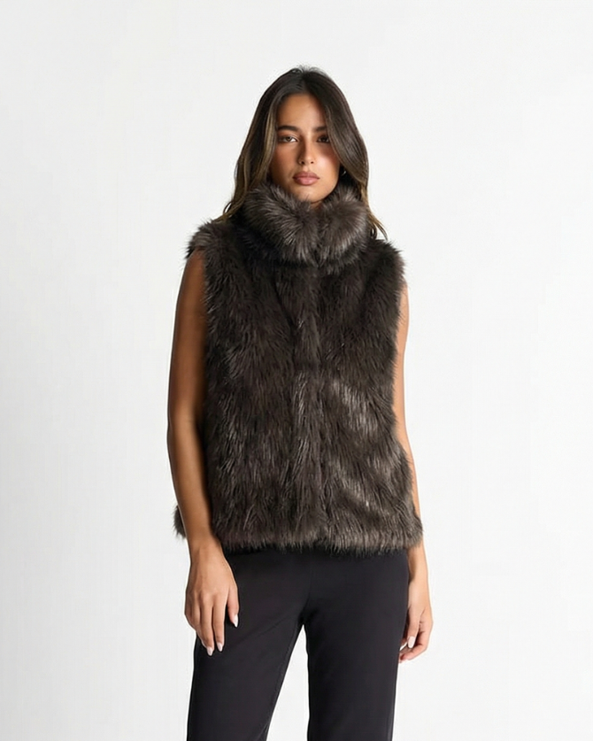 Rowan | Faux Fur Vest Black High Neck Sleeveless