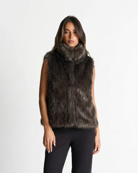 Rowan | Faux Fur Vest Black High Neck Sleeveless
