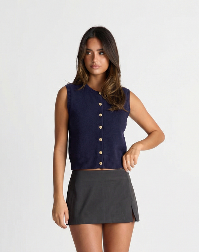 Margot | Cropped Ribbed Knit Cardigan Navy Button Front