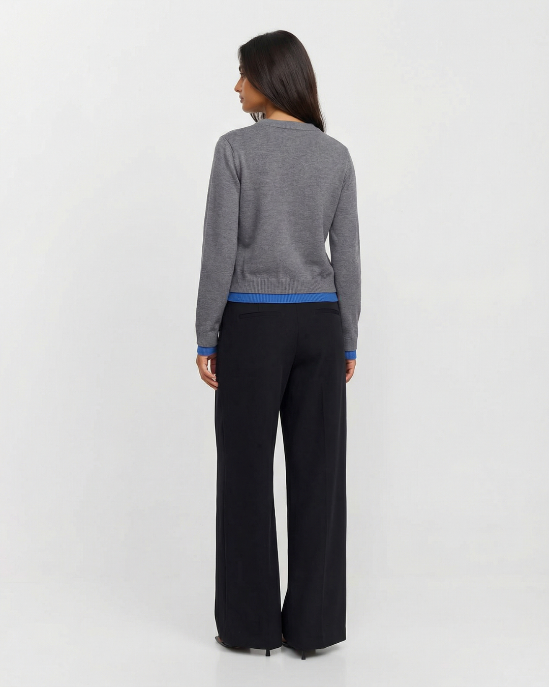 Margot | Fitted Cardigan Gray Long Sleeve Blue Trim Button Front