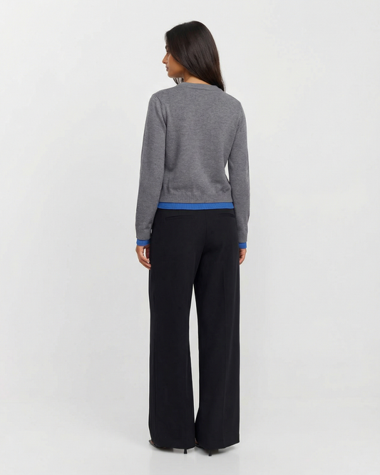 Margot | Fitted Cardigan Gray Long Sleeve Blue Trim Button Front
