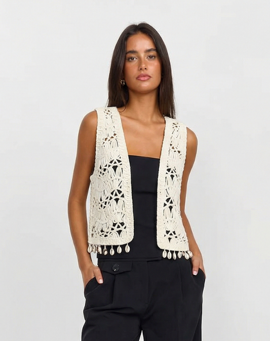 Vera | Crochet Sleeveless Cardigan Cream Tassel Open Knit