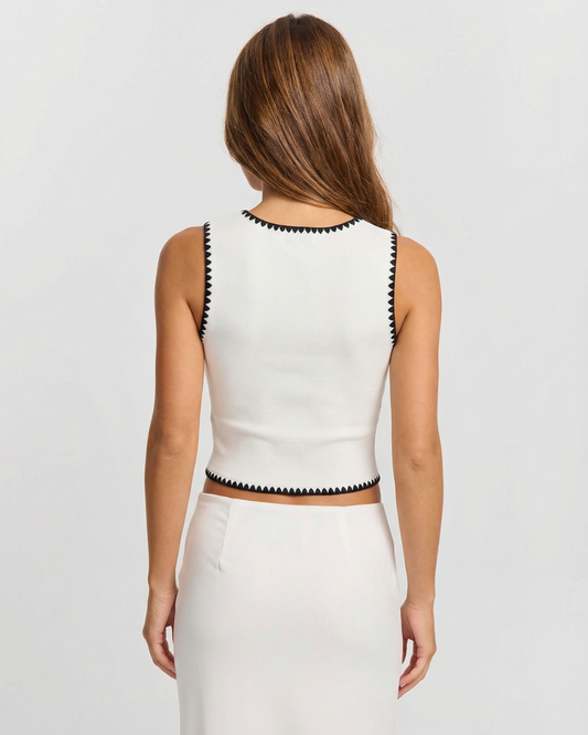 Thea | Coquette Cropped Tank Top White Black Scallop Trim
