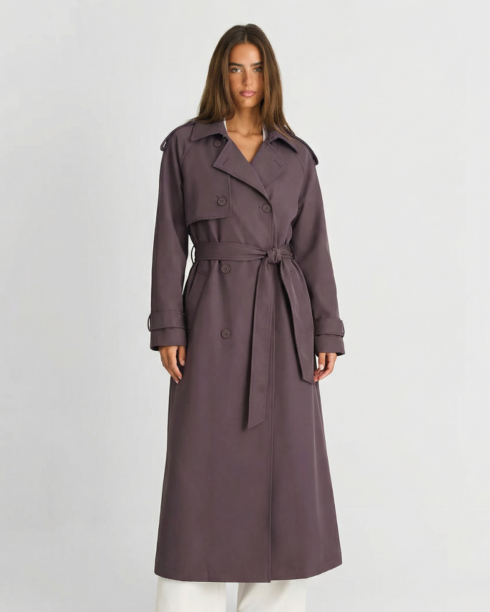 Tallulah | Elegant Belted Longline Coat Brown Double Breasted
