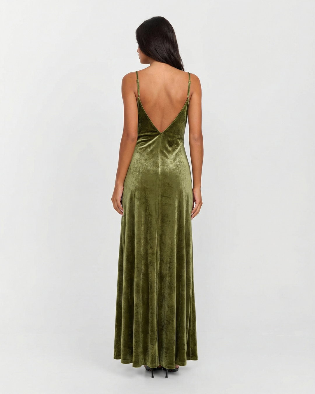 Margot | Velvet Maxi Dress Olive Green Sweetheart Neckline