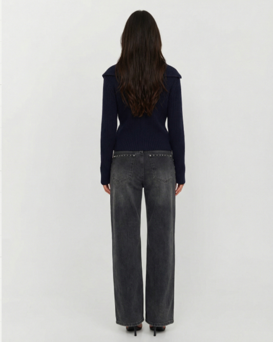 Vera | Ribbed Zip Up Hoodie Navy Long Sleeve