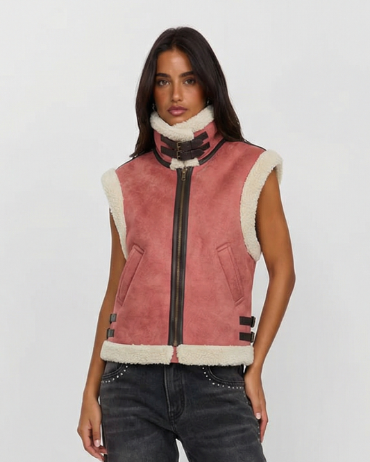 Margot | Sherpa Fleece Vest Pink Cream Sleeveless