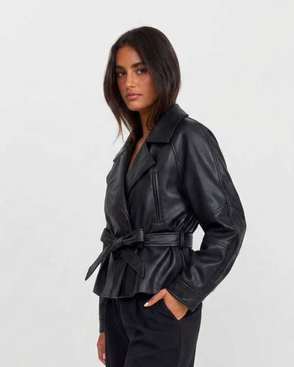 Vera | Belted Faux Leather Jacket Black Long Sleeve