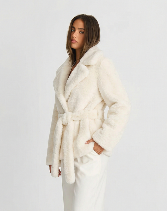 Stella | Belted Faux Fur Coat Cream Long Sleeve