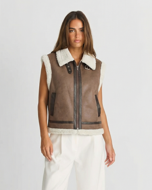 Vera | Faux Leather Sherpa Vest Brown Cream Sleeveless Zip Up